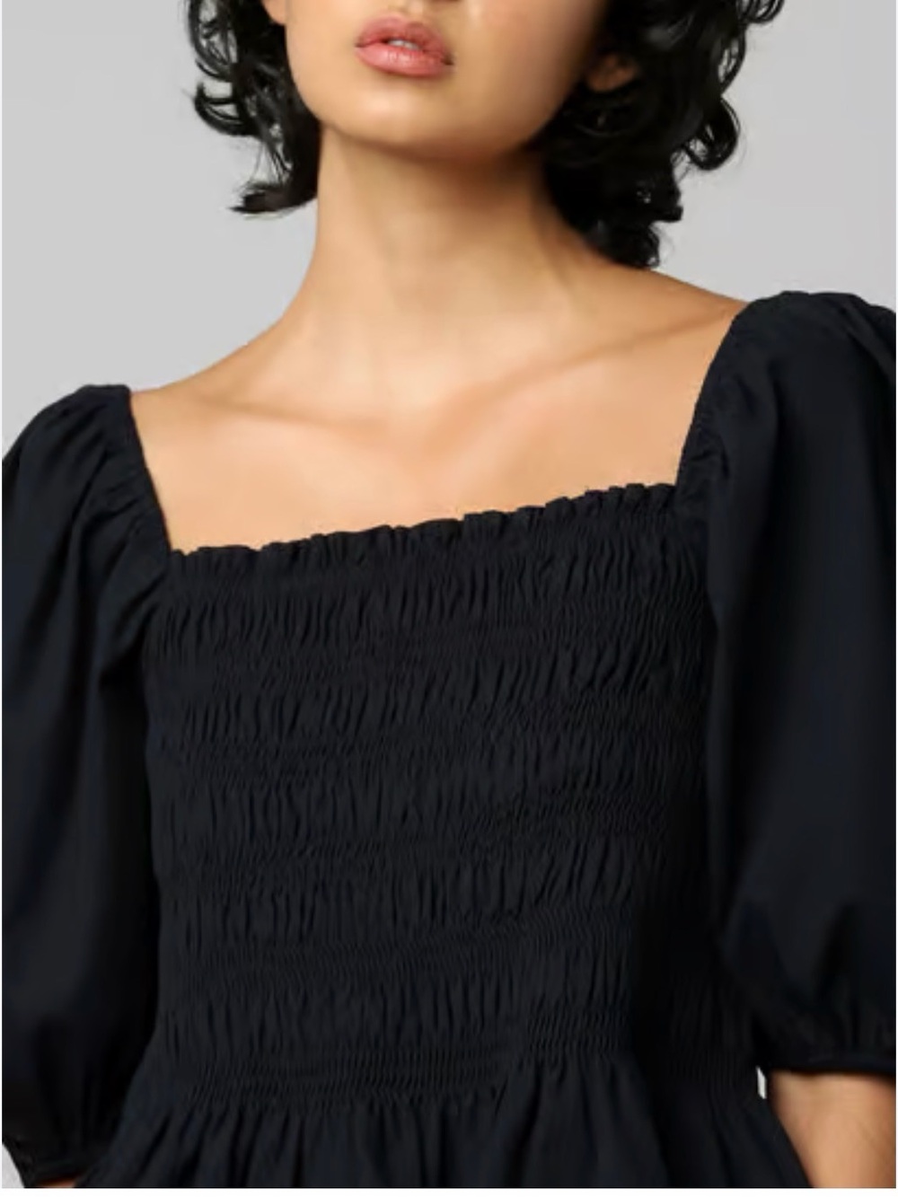 Loft Black Smocked Square-Neck Puff Sleeve Peplum Top